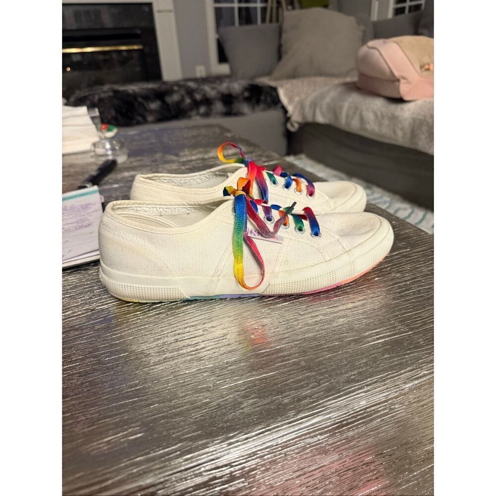 Superga White w/ Rainbow Laces Sneakers sz 9.5